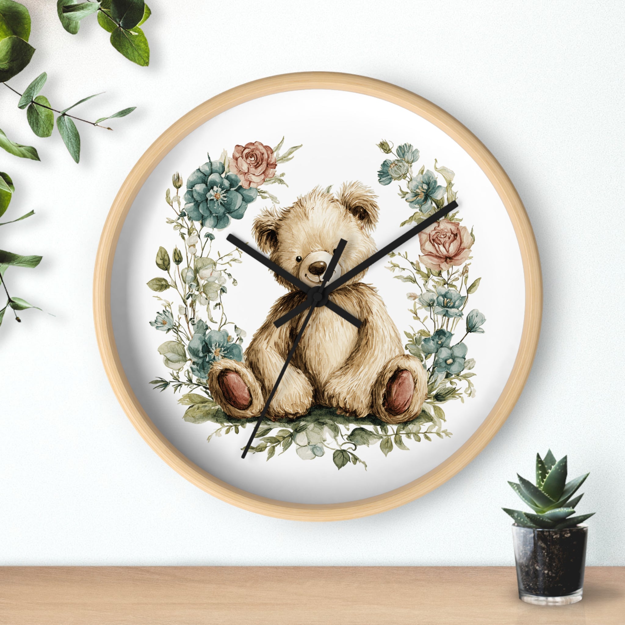 Teddy Bear Floral Wall Clock - Multiple Colors — Cute Nursery Clock for Baby Shower, Kids’ Room Decor