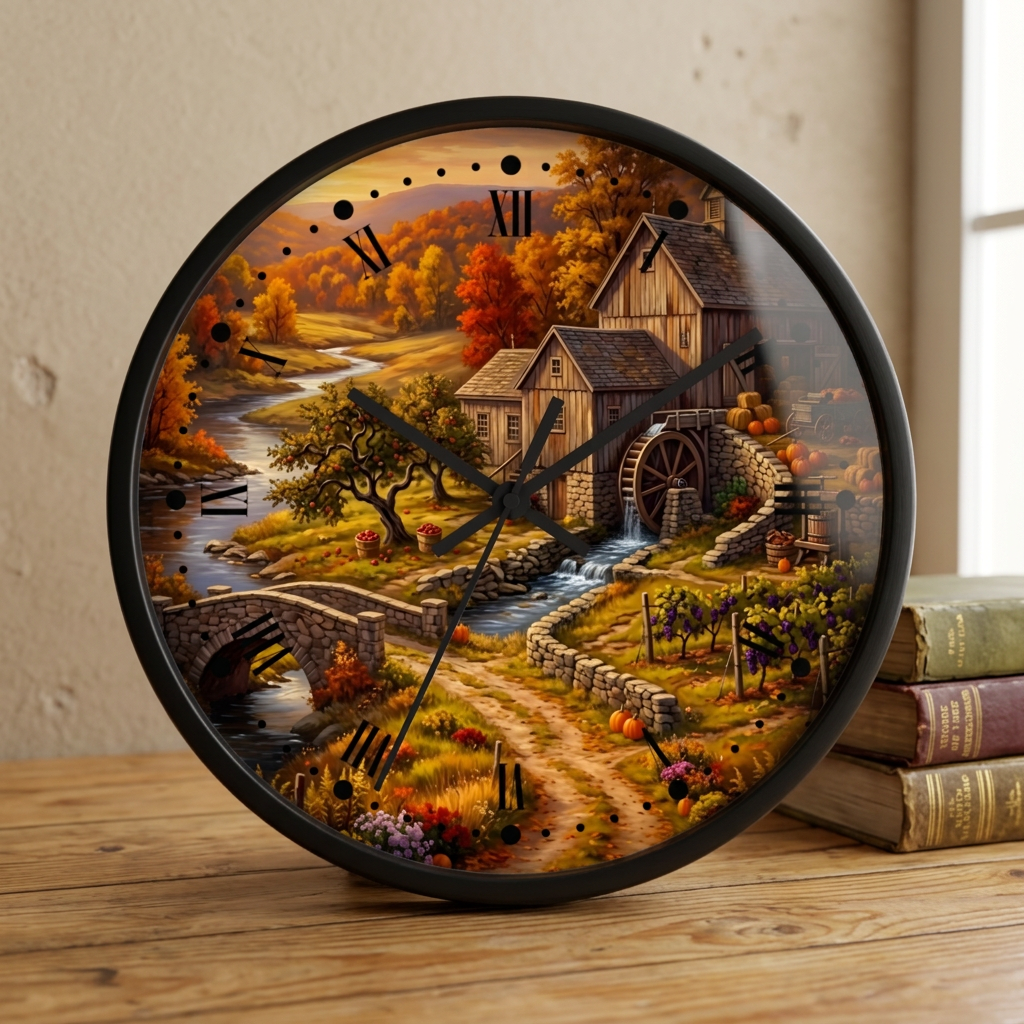 Round wall clock with a black frame and a scenic autumn landscape print featuring a watermill, bridge, stream, and fall foliage. The clock sits on a wooden surface next to stacked books against a light wall.