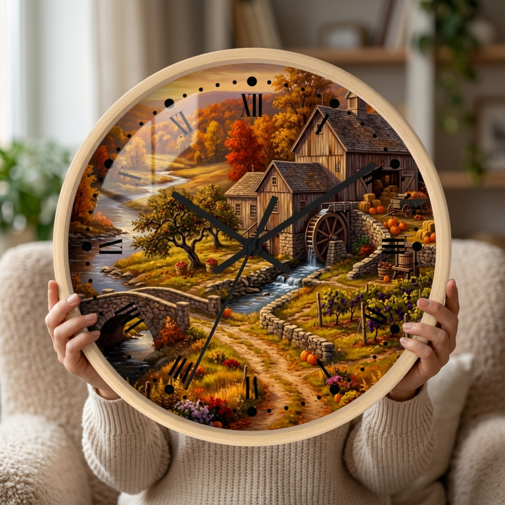 A large round wall clock with a light wood frame is held in front of a person's face. The clock face features a detailed autumn landscape scene with a watermill, bridge, stream, and colorful fall foliage.