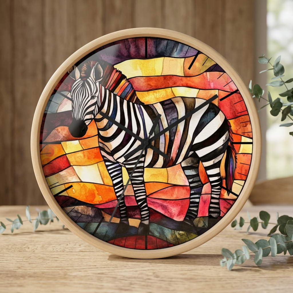 A round wall clock with a light wood frame featuring a stained-glass-style zebra illustration in warm colors like orange, red, yellow, and blue, displayed on a wooden surface with eucalyptus leaves.