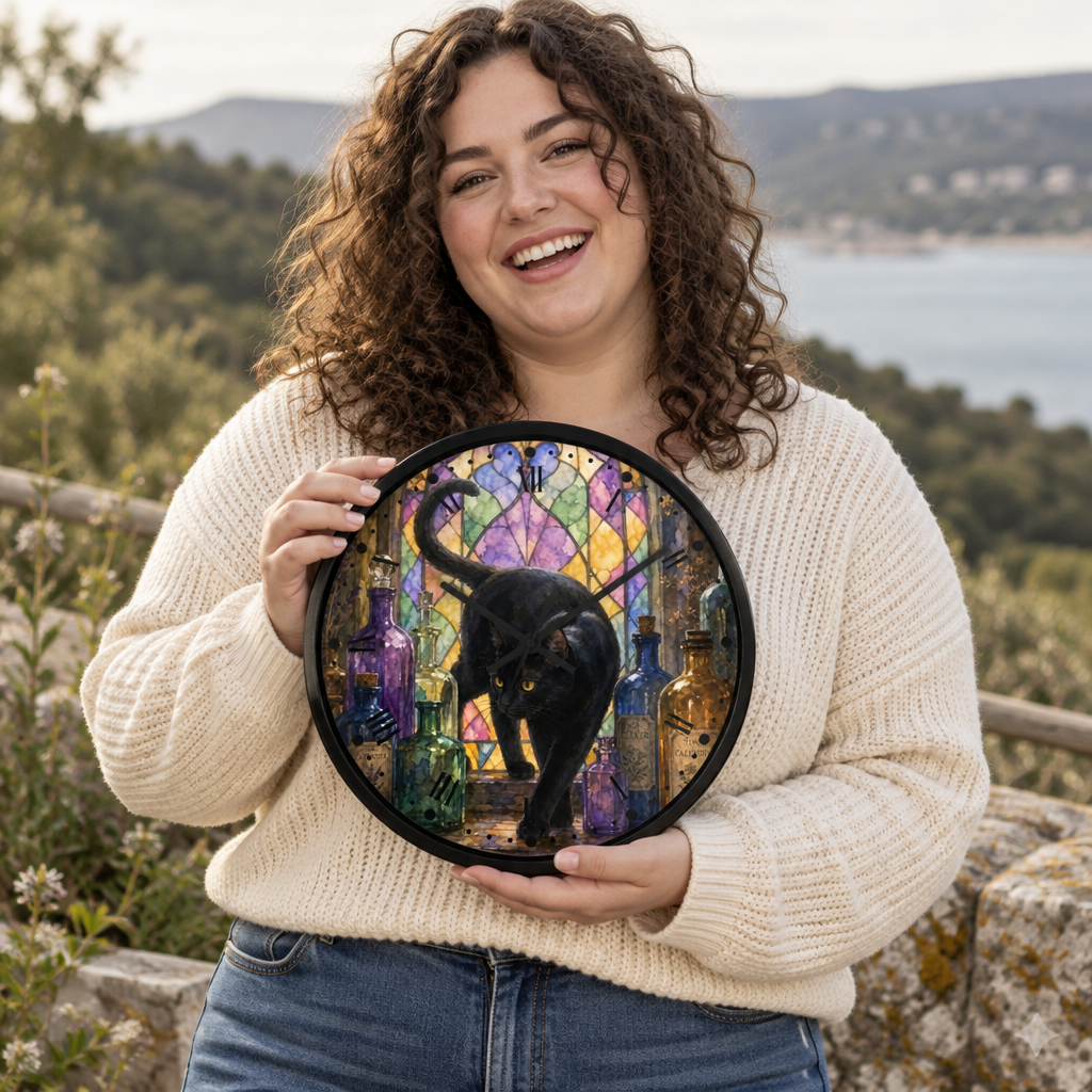 A smiling woman outdoors holds a round black-framed wall art print featuring a black cat in front of a stained-glass-style multicolor background with bottles. The woman wears a cream knit sweater and blue jeans, with a scenic outdoor background of hills, water, and trees.