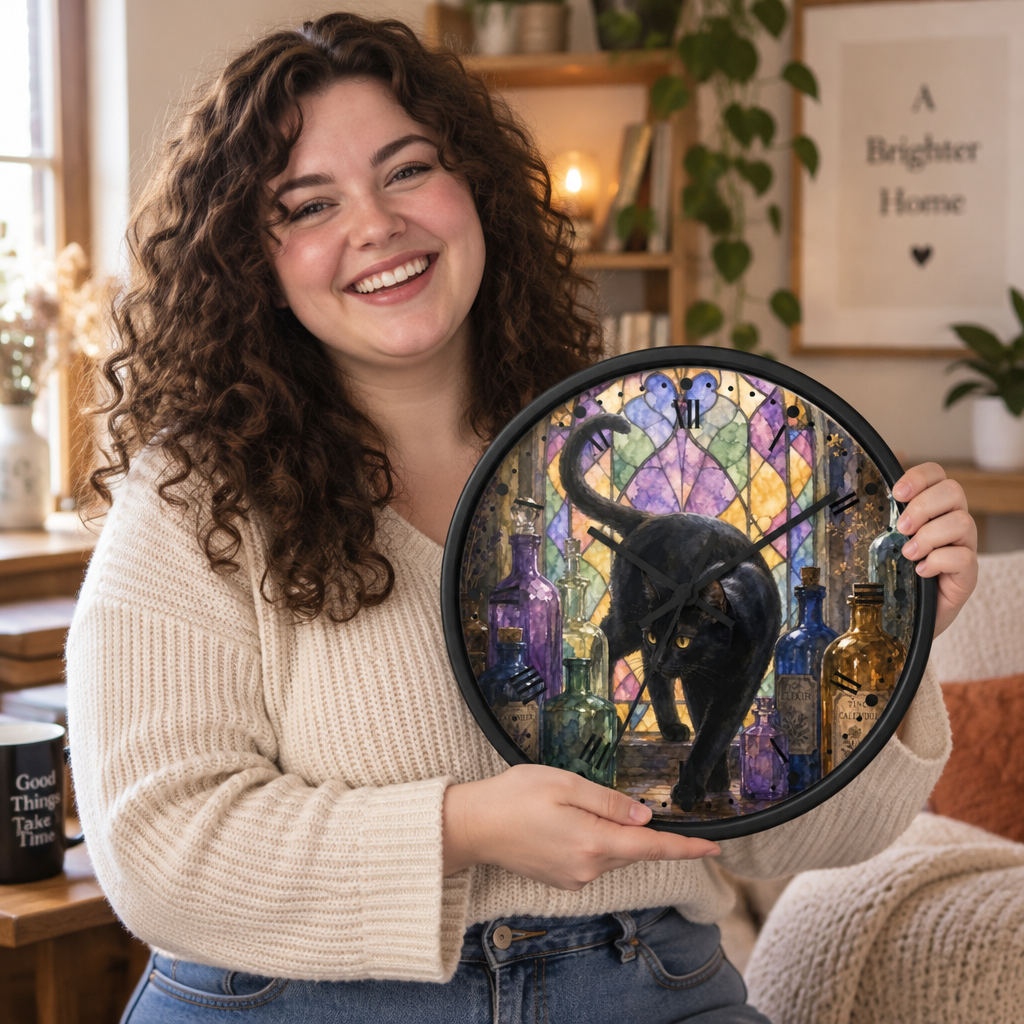 A smiling woman with curly brown hair holds a round black-framed wall clock in a cozy living room setting. The clock face features a black cat walking in front of a colorful stained-glass-style background with purple, blue, and yellow tones.