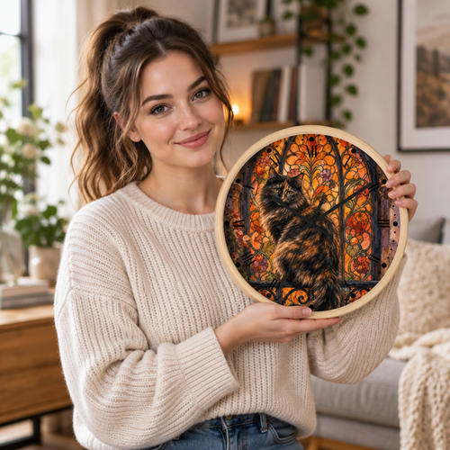 A woman in a cream knit sweater holds up a round wooden wall clock featuring a detailed illustration of a black cat in front of an autumn leafy background.