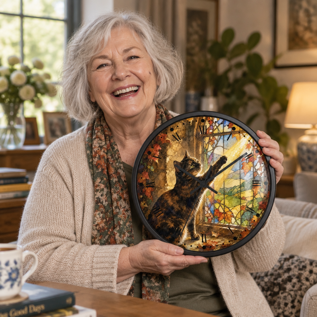 An elderly woman with gray hair smiles while holding a round decorative wall clock featuring a tortoiseshell cat reaching toward a stained-glass window. The setting is a cozy, warmly lit living room with home decor in the background.