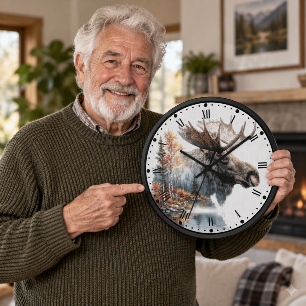 An older man with white hair and a beard smiles while pointing at a round wall clock held up in a cozy living room. The clock has a black frame and a white face featuring a painted moose and autumn trees.