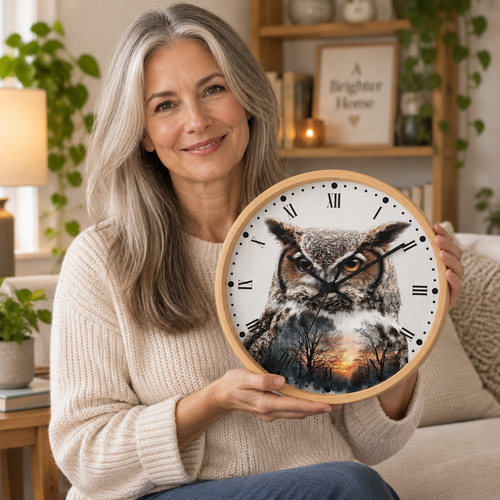 A smiling older woman with long gray hair holds a round wall clock in a cozy living room. The clock has a light wood frame and a white face featuring a large owl over a forest landscape with a sunset.