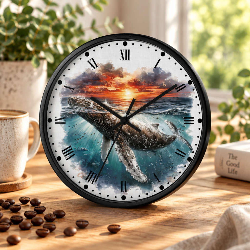 Humpback Whale Sunset Wall Clock — Ocean Animal Decor