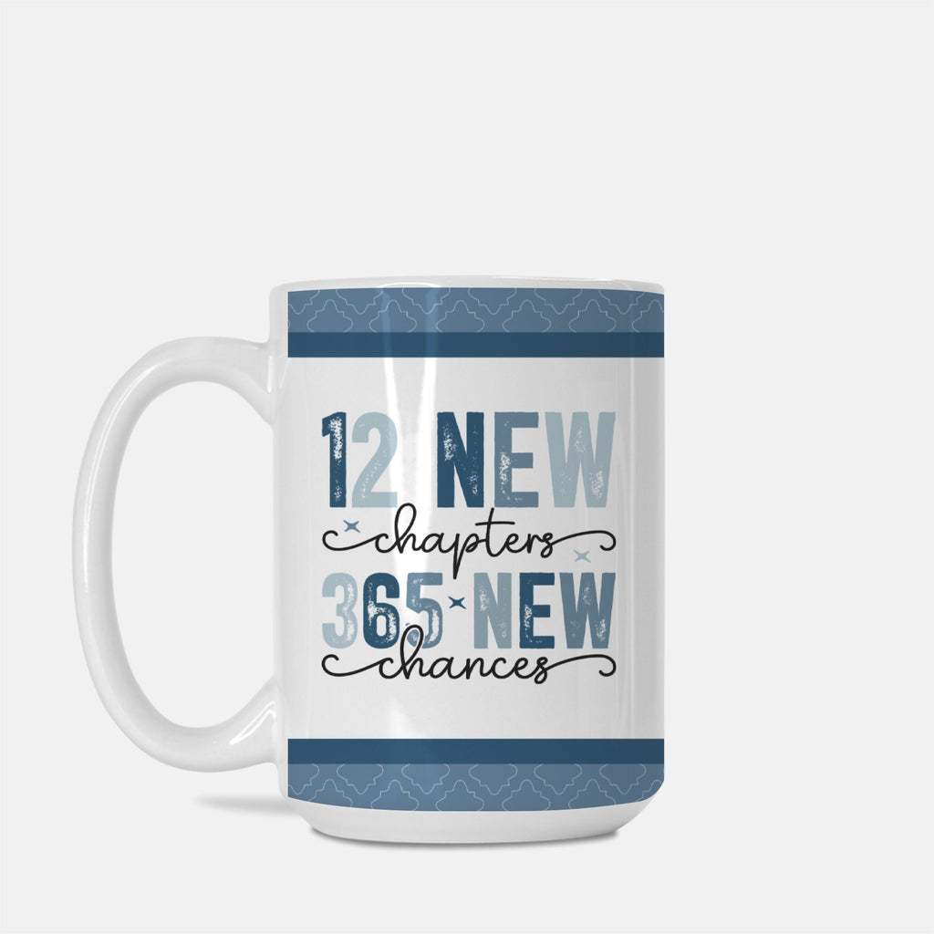 Mug with motivational quote '12 New Chapters, 365 New Chances' on a white background