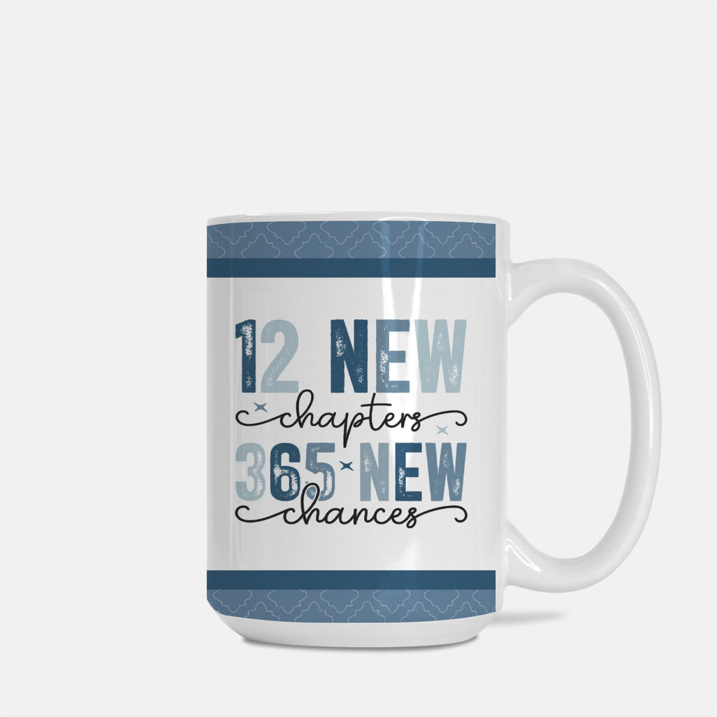 Mug with motivational quote '12 New Chapters, 365 New Chances' on a white background