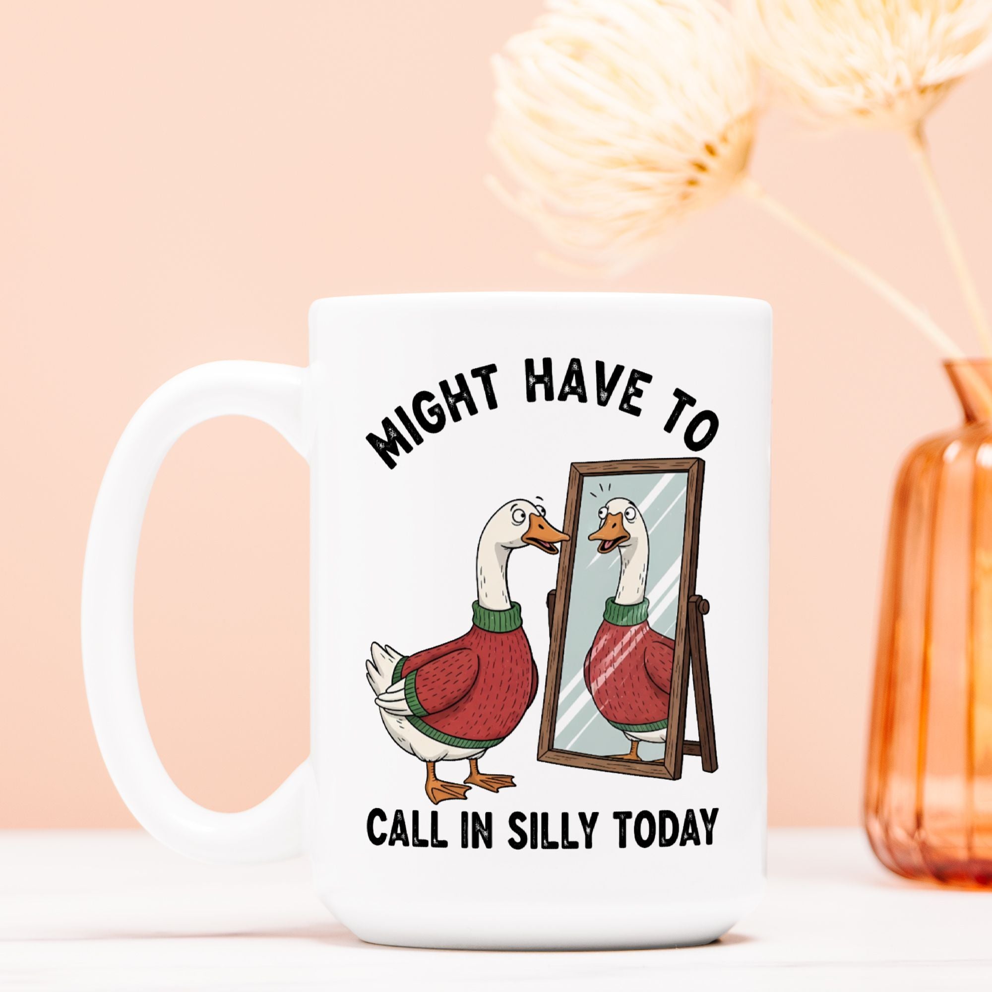 White mug with a cartoon goose and text on a light pink background