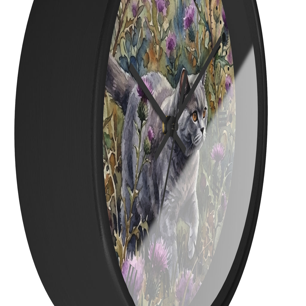 Gray Cat in Lavender Wildflowers Wood Wall Clock