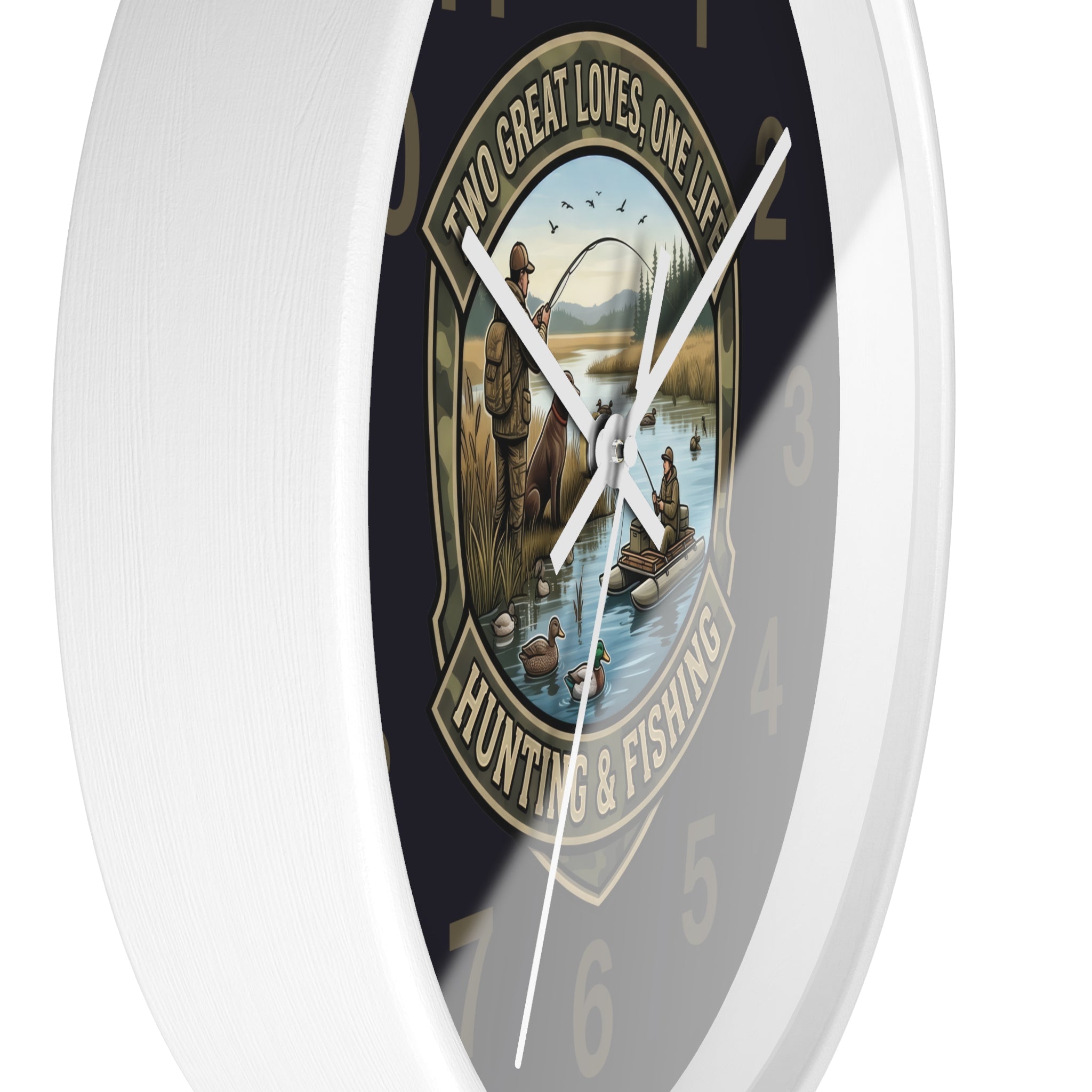 Hunting & Fishing Wall Clock — “Two Great Loves, One Life” Rustic Outdoors Decor