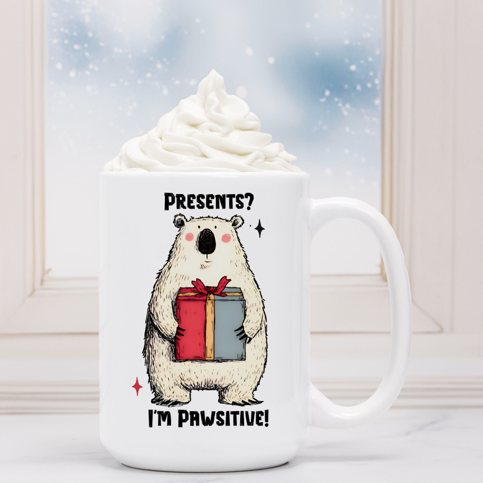 Christmas Bear Presents I'm Pawsitive Mug Deluxe 15oz.