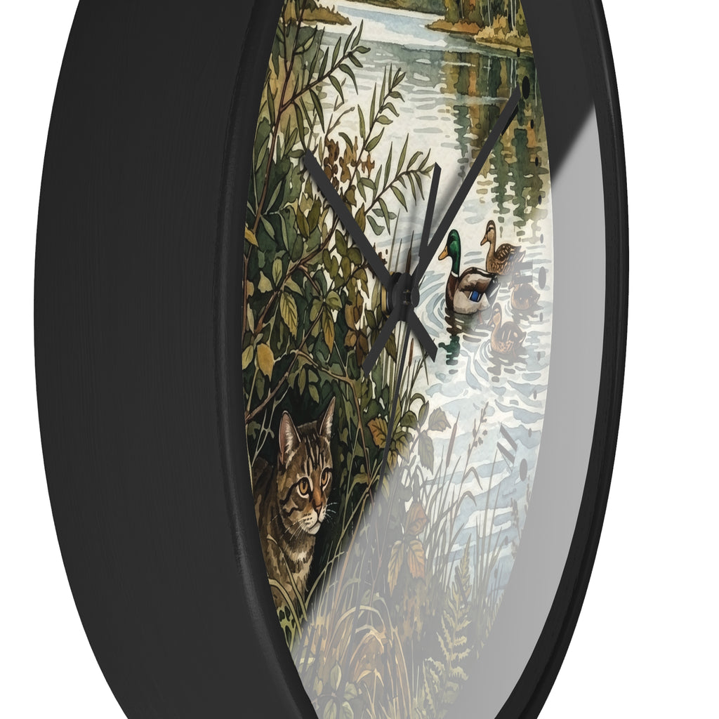 Woodland Cat and Ducks Lakeside Nature Wall Clock