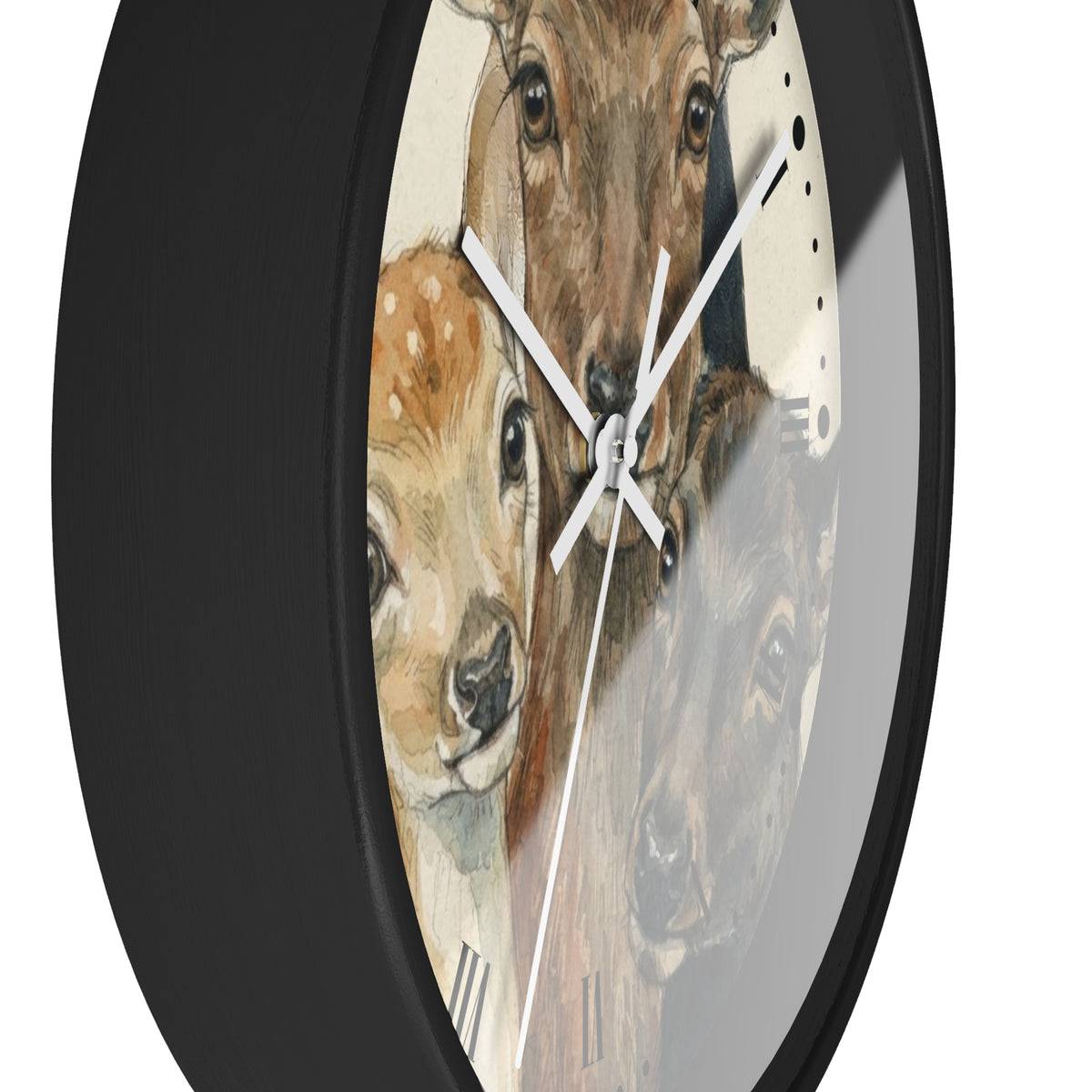 A round wall clock with a black frame and a printed face featuring watercolor-style animal portraits, including a deer, a fawn, and a bear. The clock is shown at an angle against a plain white background.