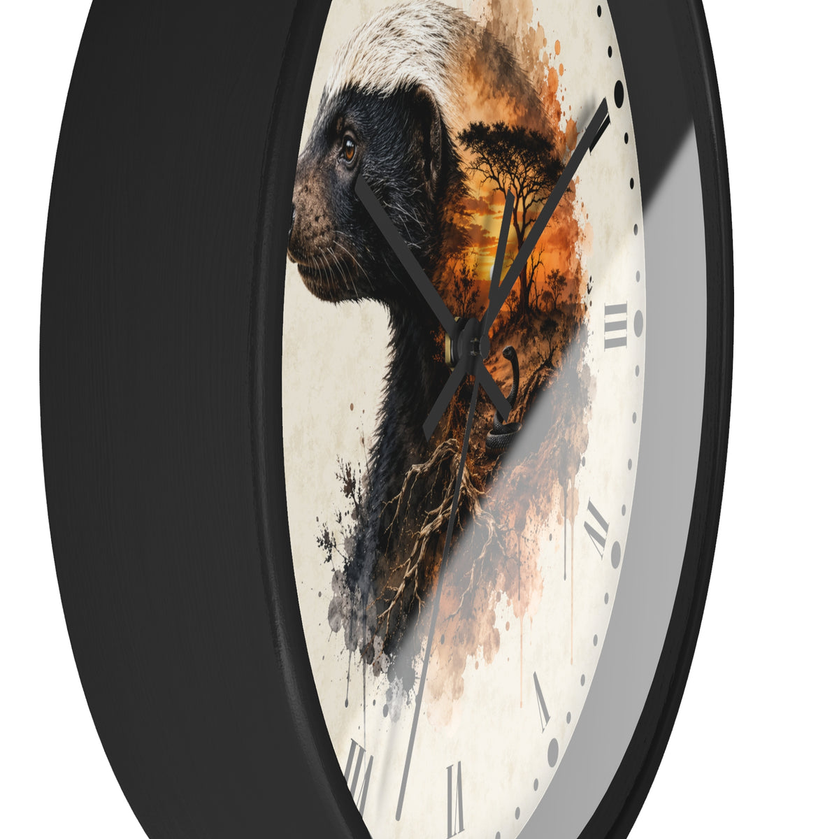 A close-up of a round wall clock with a black frame and a cream-colored face featuring a watercolor-style illustration of a black-and-white animal over an orange-brown tree scene.