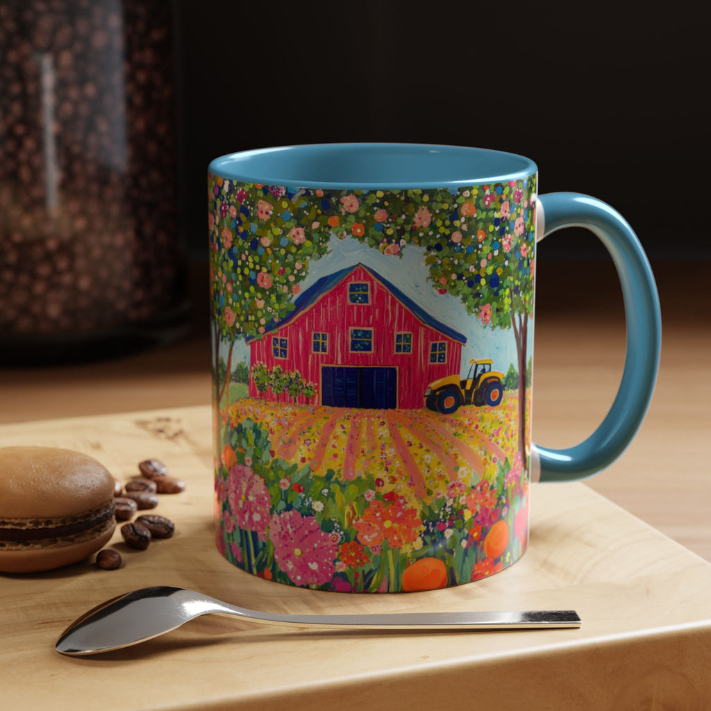 Colorful mug with a farm design on a wooden surface with coffee beans and a macaron.