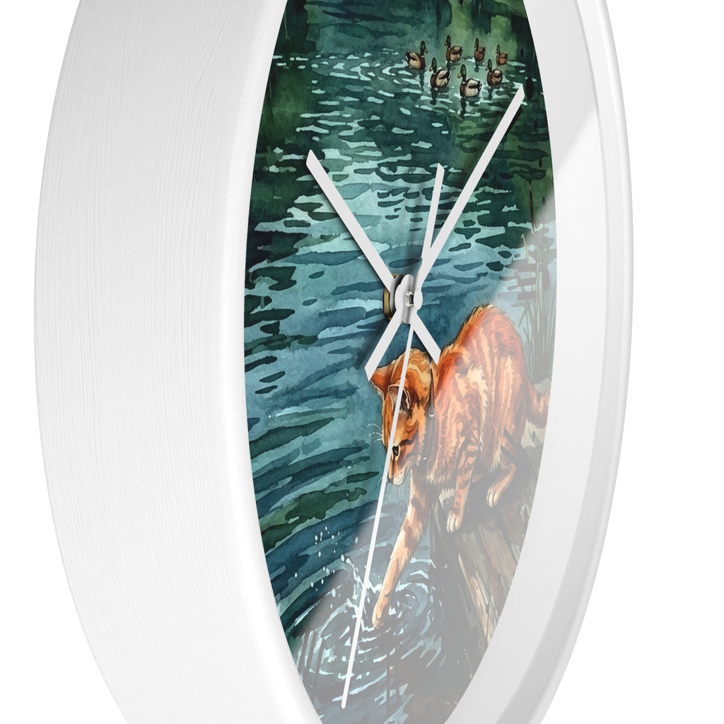 Cat at the Pond Wall Clock — Orange Tabby Fishing by Lakeside
