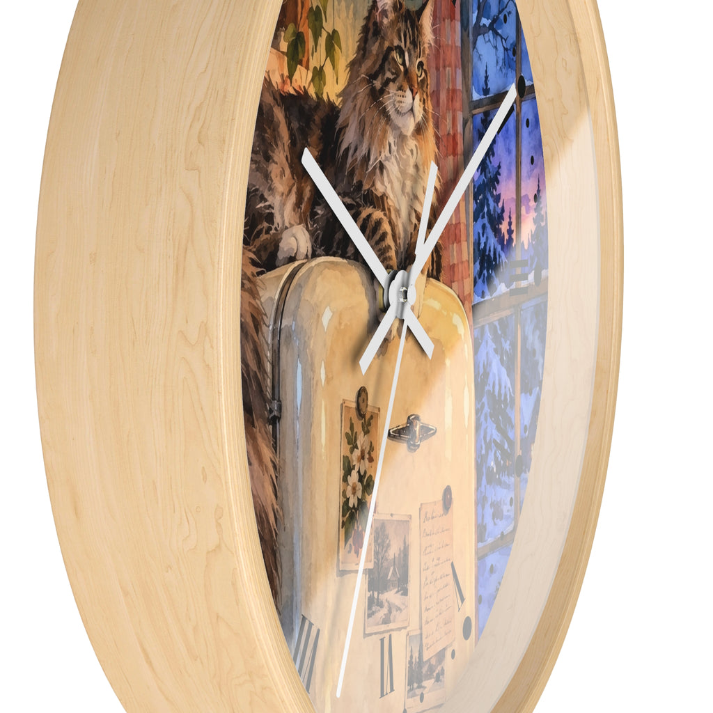 Vintage Main Coon Winter Window Wood Wall Clock
