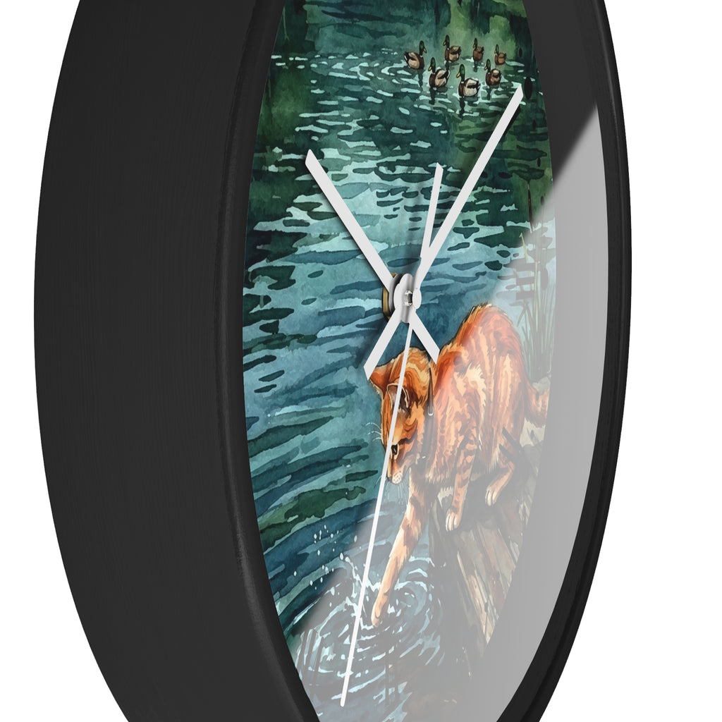 Cat at the Pond Wall Clock — Orange Tabby Fishing by Lakeside