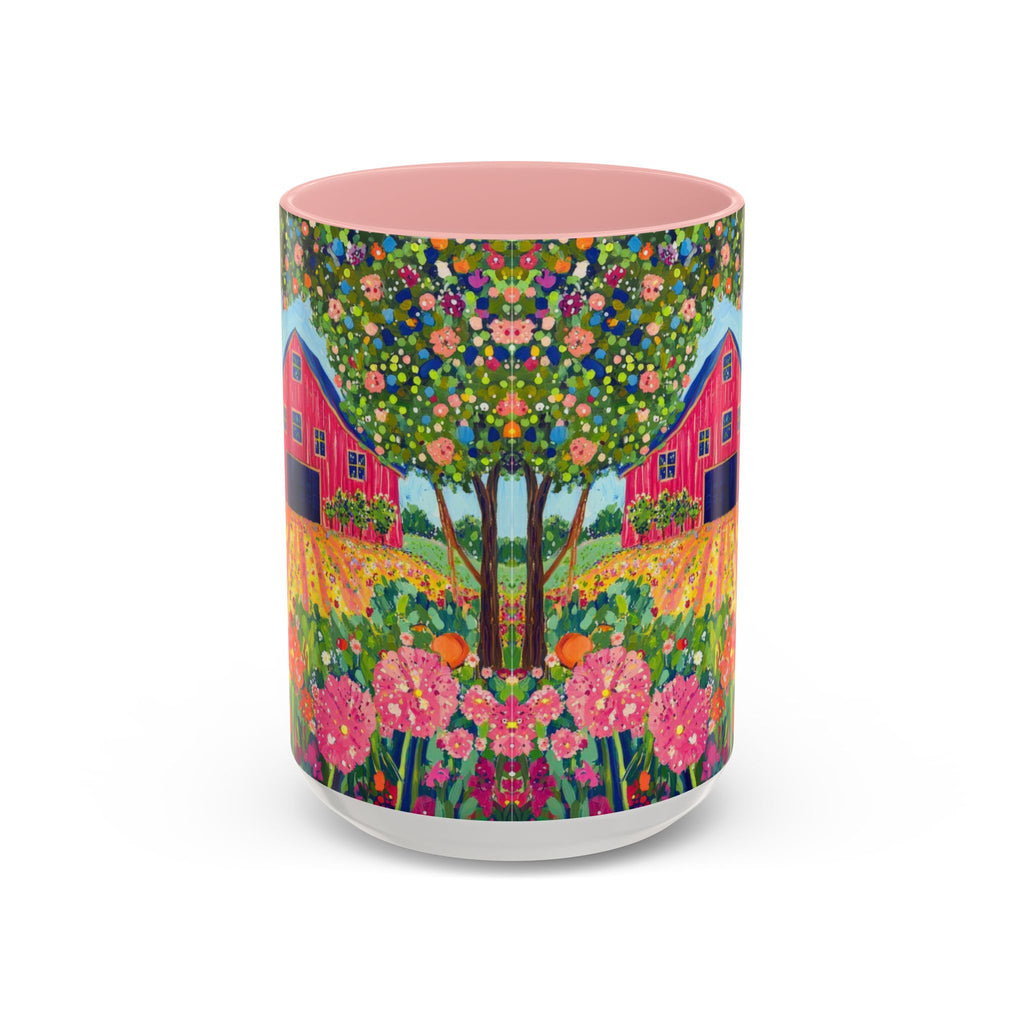 Front of colorful mug with a floral design featuring houses and trees on a white background