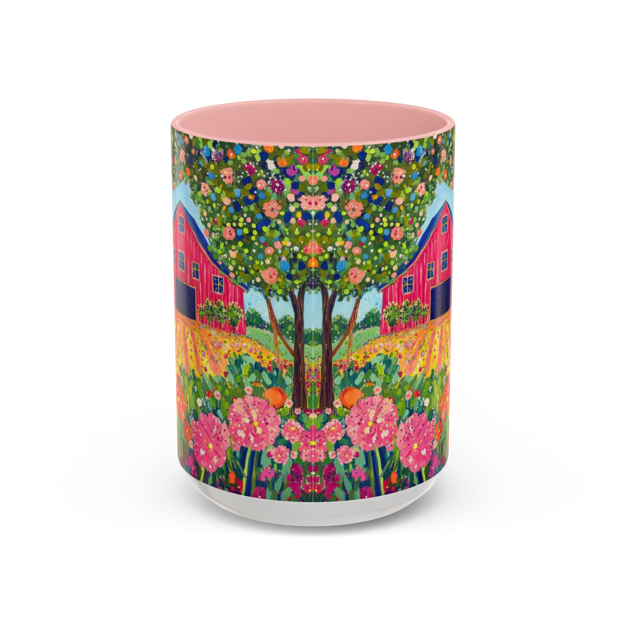 Front of colorful mug with a floral design featuring houses and trees on a white background
