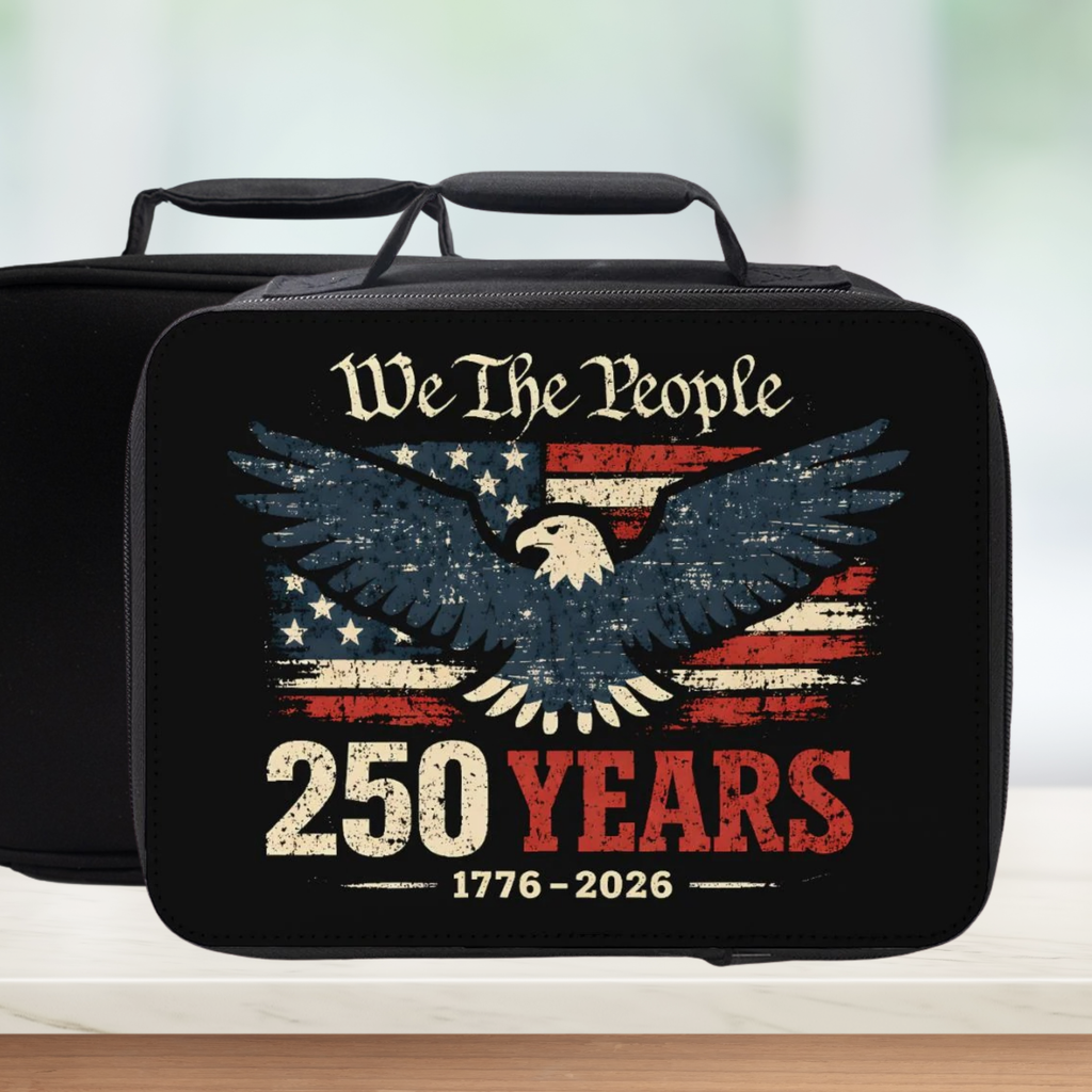 Black lunch bag with American flag and eagle design celebrating 250 years of 'We The People' from 1776 to 2026.