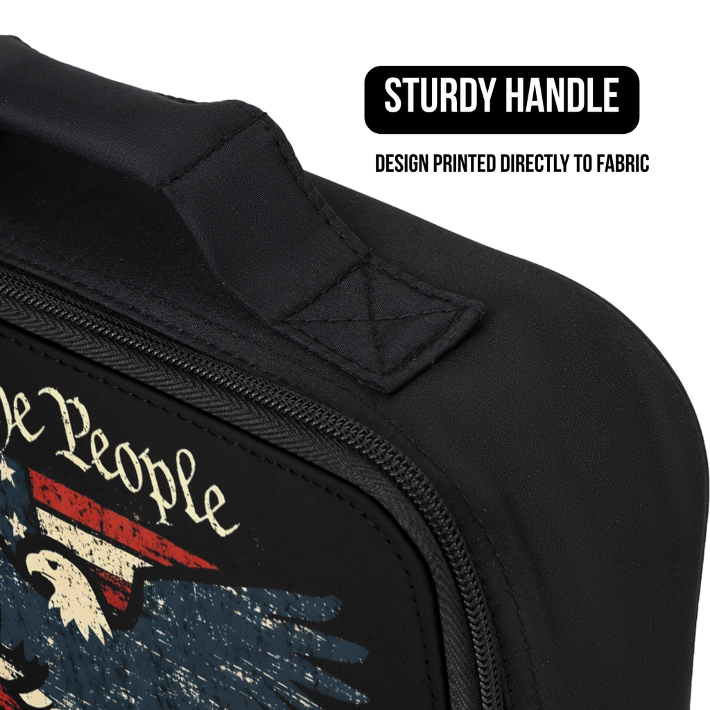 Black lunch bag with 'The People' design and eagle emblem, featuring a sturdy handle.