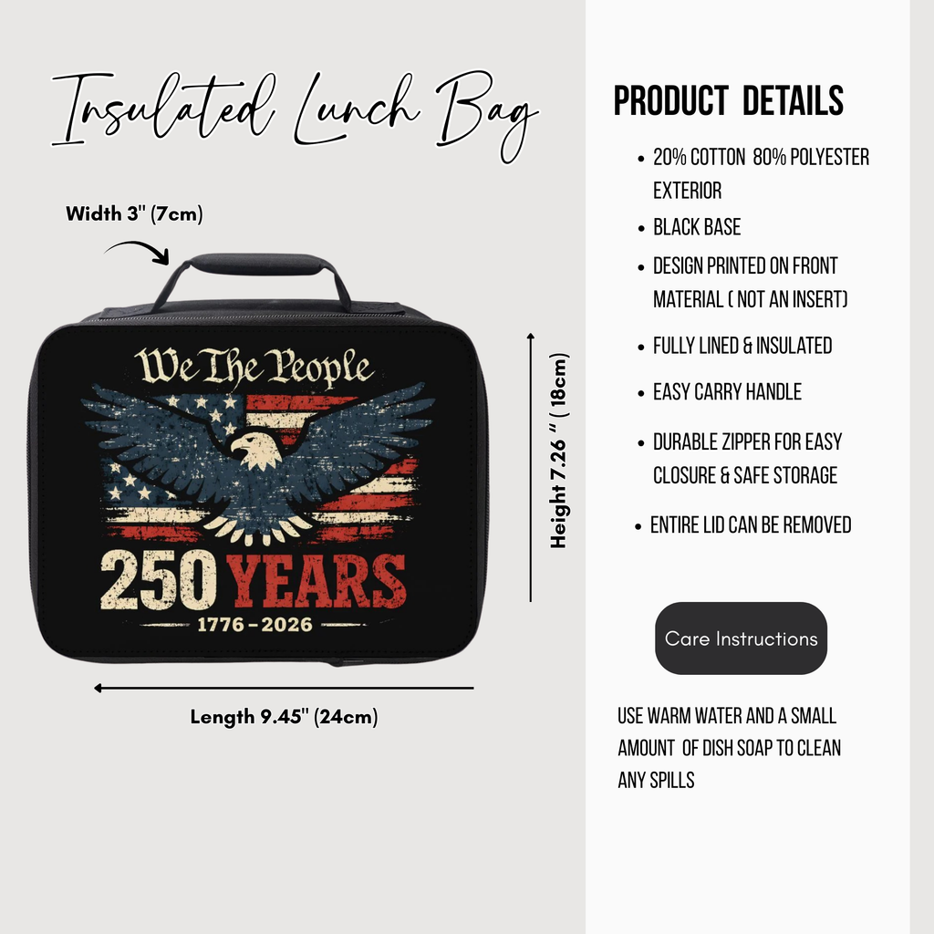 Insulated lunch bag with American flag and eagle design, featuring product details on a white background.