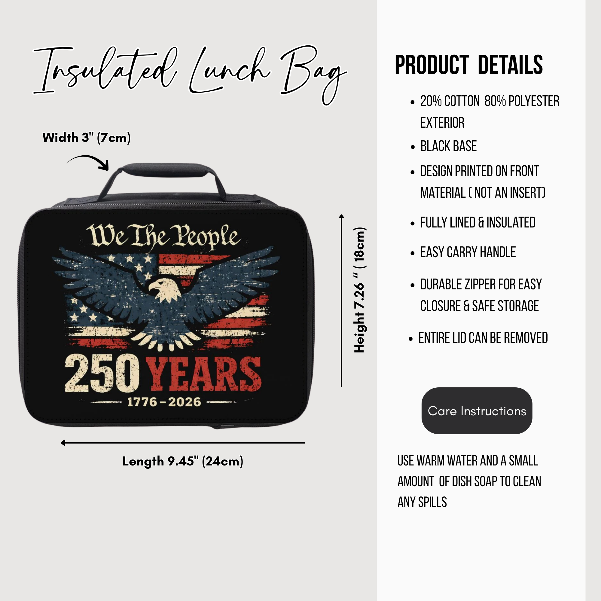 Insulated lunch bag with American flag and eagle design, featuring product details on a white background.