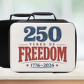 Lunch bag with '250 Years of Freedom 1776-2026' text on a blurred background