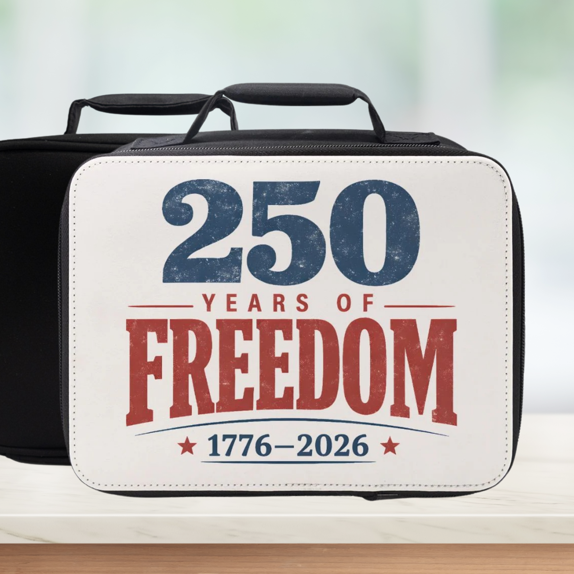 Lunch bag with '250 Years of Freedom 1776-2026' text on a blurred background