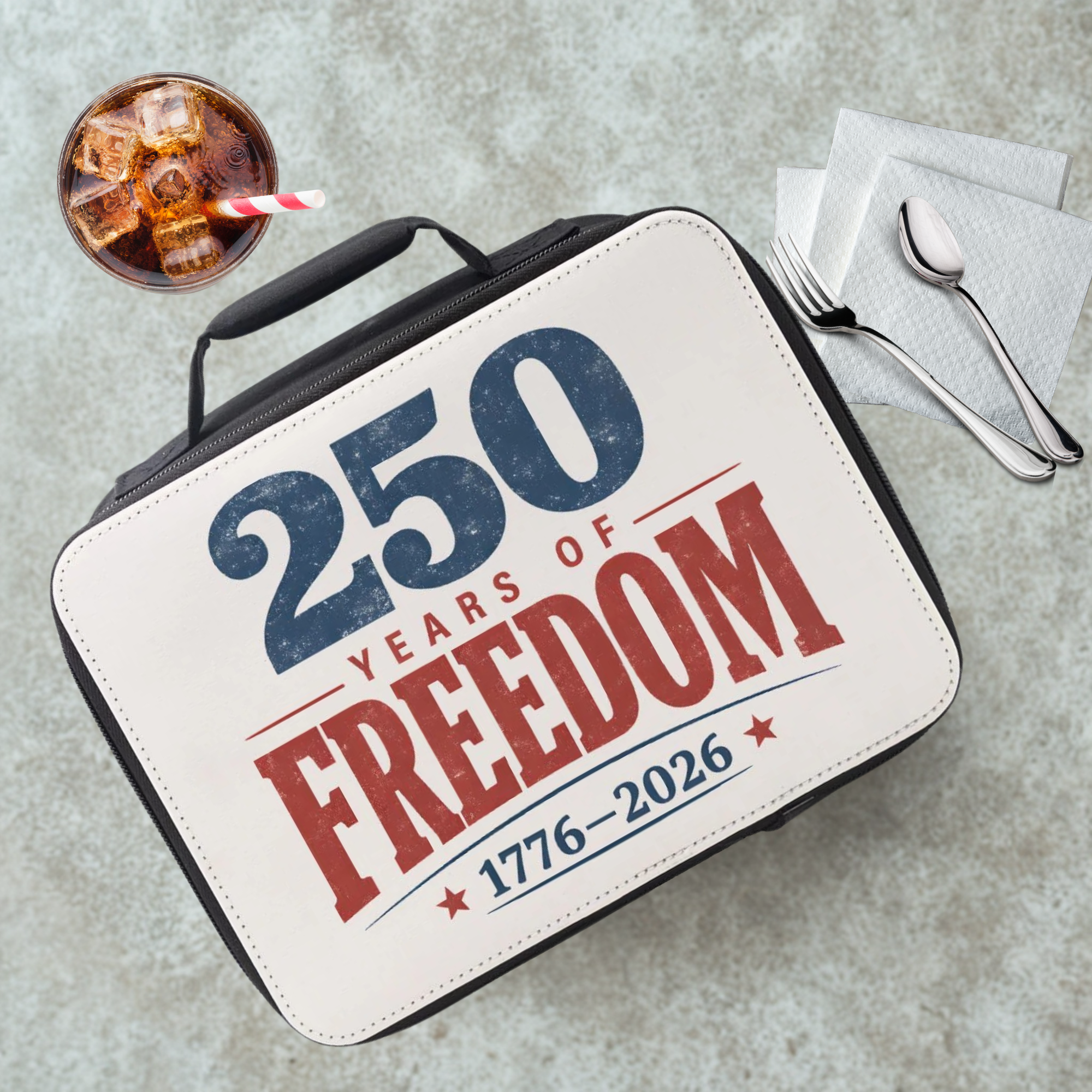 Lunch box with '250 Years of Freedom 1776-2026' text on a cafeteria table with a drink and napkins.