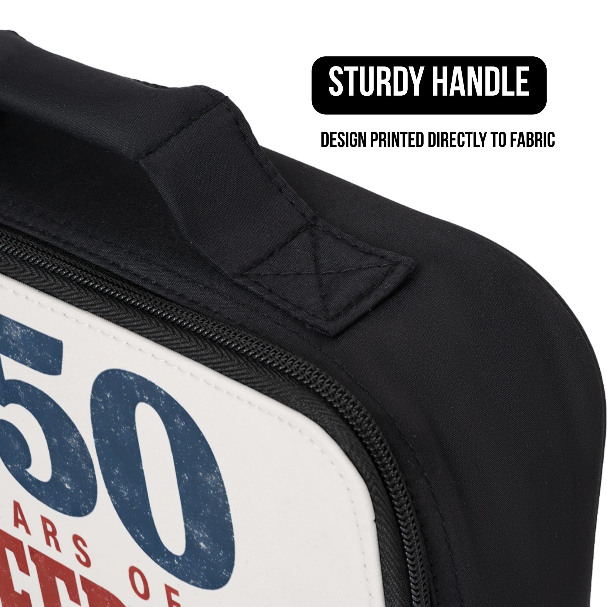 Black bag with '250 Years of' design, sturdy handle, and text indicating design on fabric.