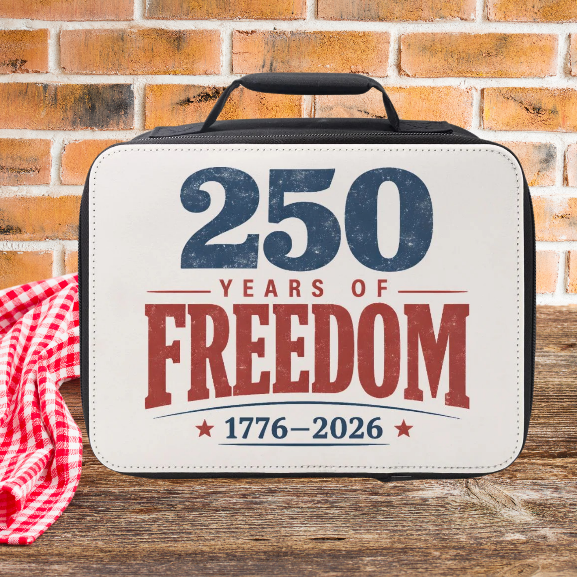 Lunch bag celebrating 250 years of freedom on a wooden picnic table with a brick wall background