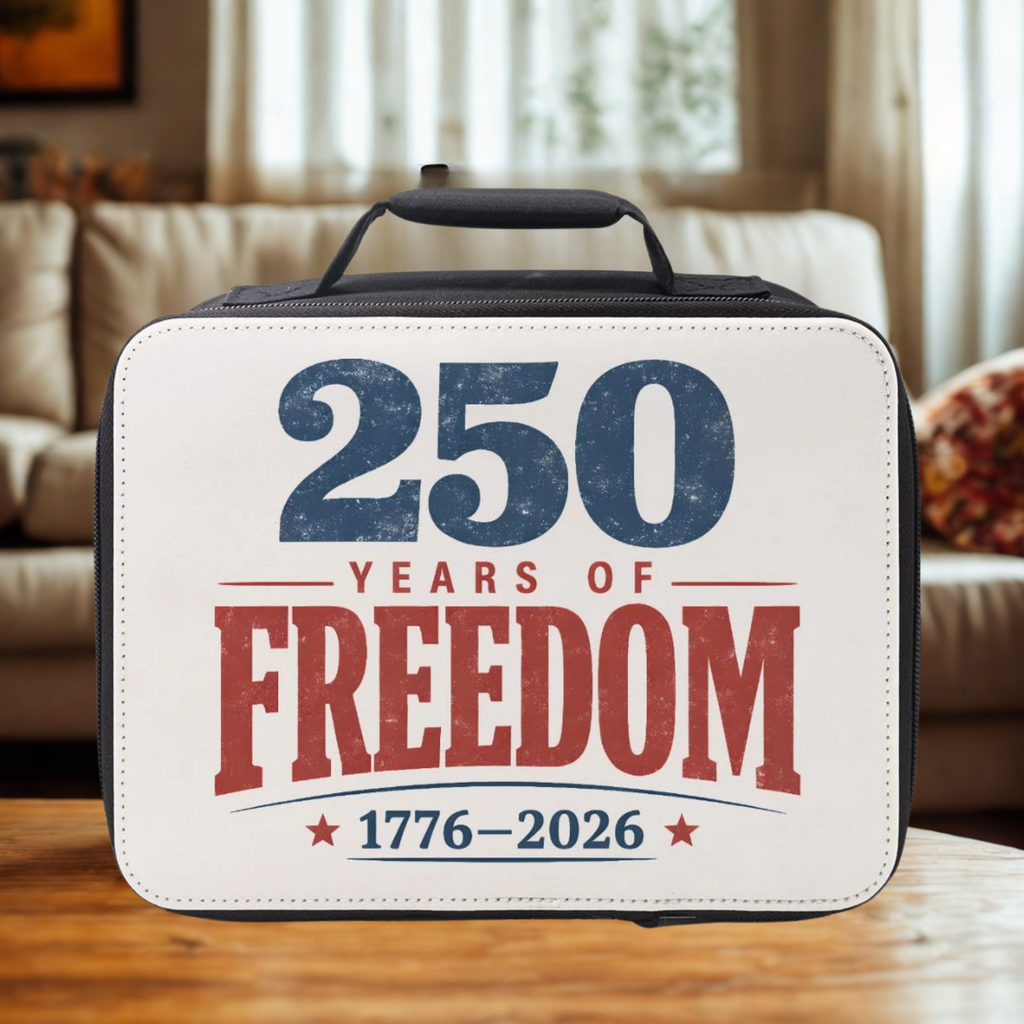 insulated lunch bag with '250 Years of Freedom 1776-2026' text on a wooden living room table.