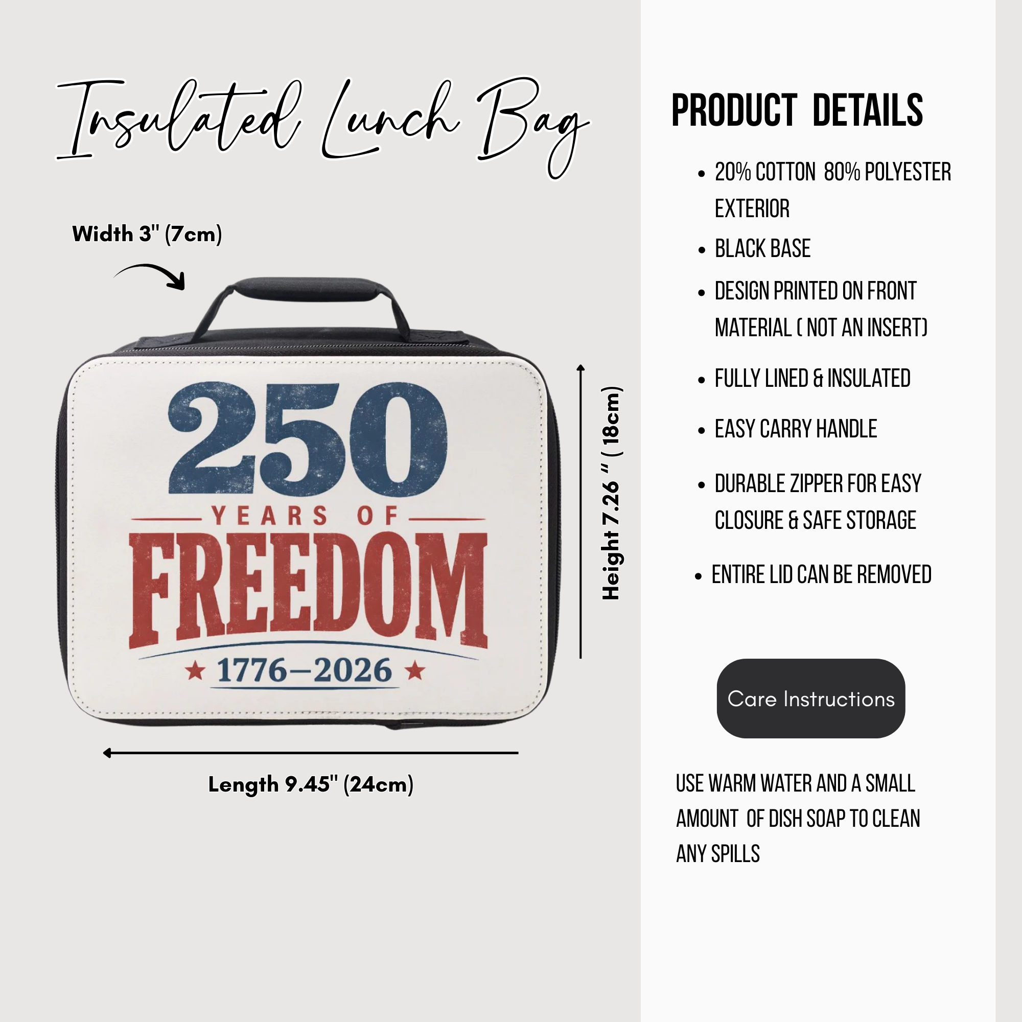 Insulated lunch bag with '250 Years of Freedom' design and product details on a white background
