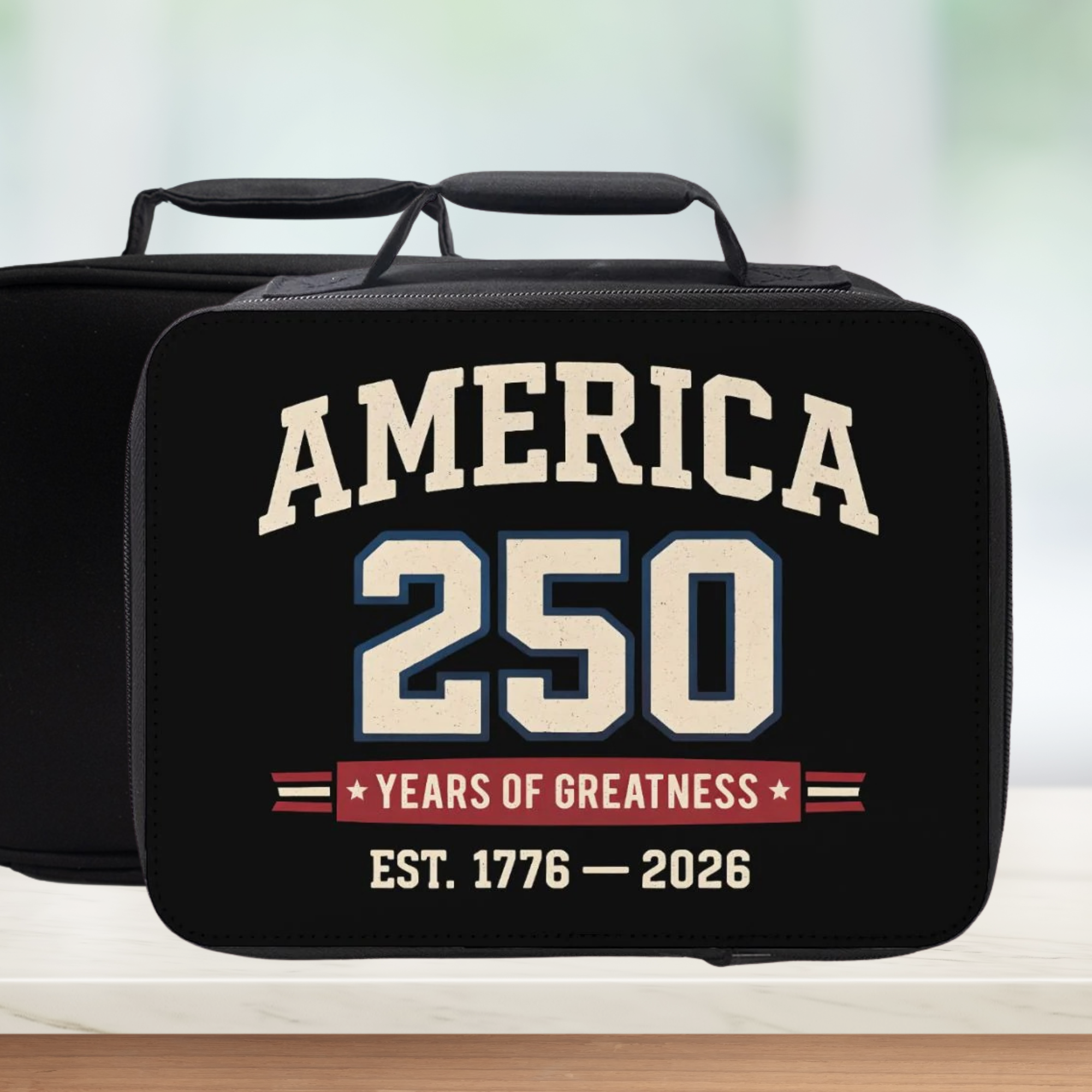 Black lunch bag with 'America 250 Years of Greatness' text on a blurred background