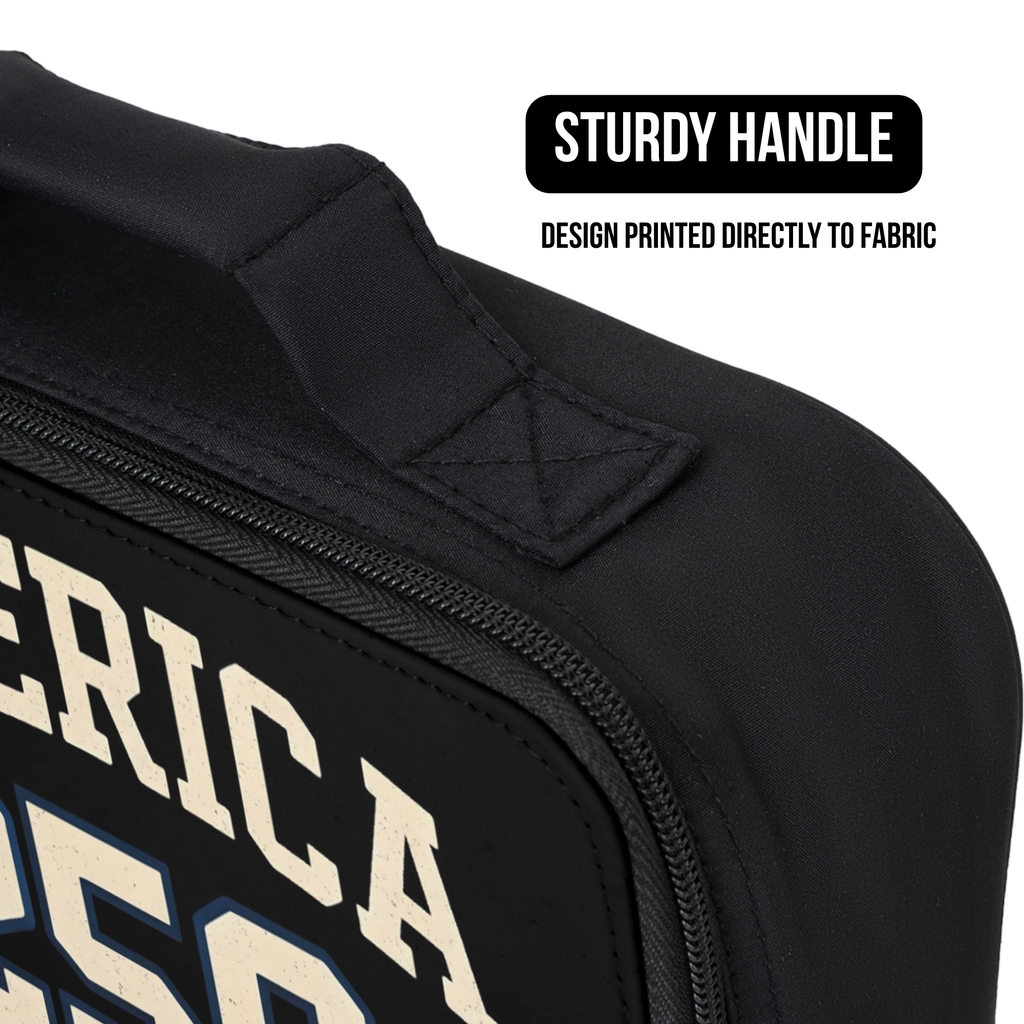 Black lunch bag with 'America' printed on it, featuring a sturdy handle.