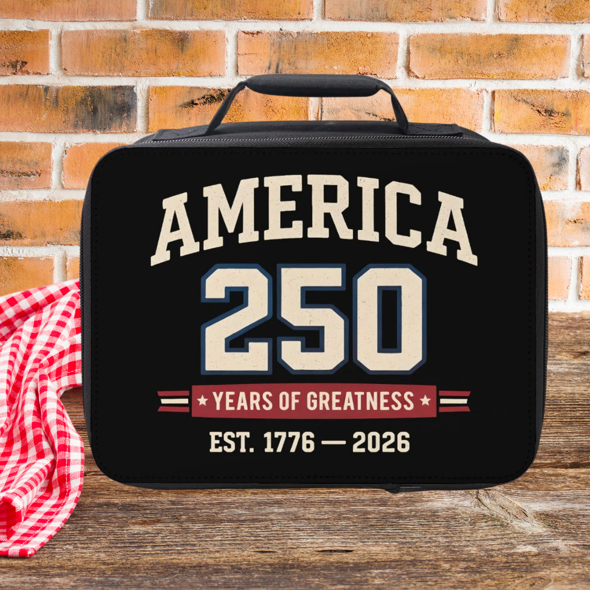Black lunch bag with  America semi-quincentennial design on a wooden picnic table against a brick wall background