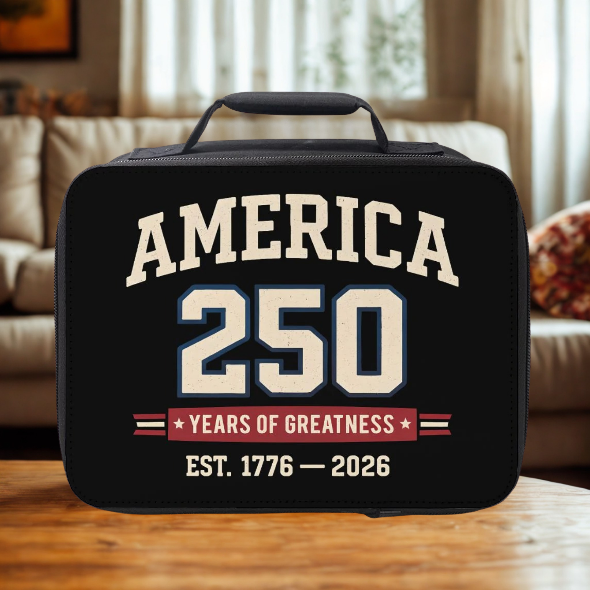 Black lunch bag with 'America 250 Years of Greatness' text on a wooden table in a cozy living room.