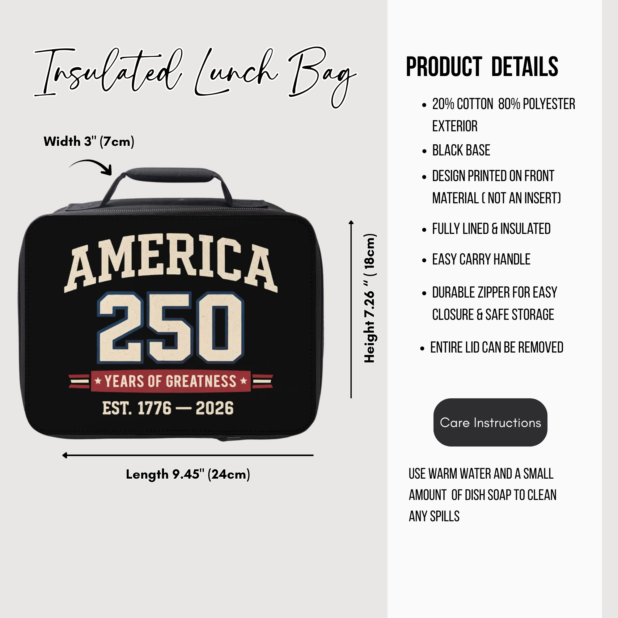 Black insulated lunch bag with 'America 250' design and product details on a white background