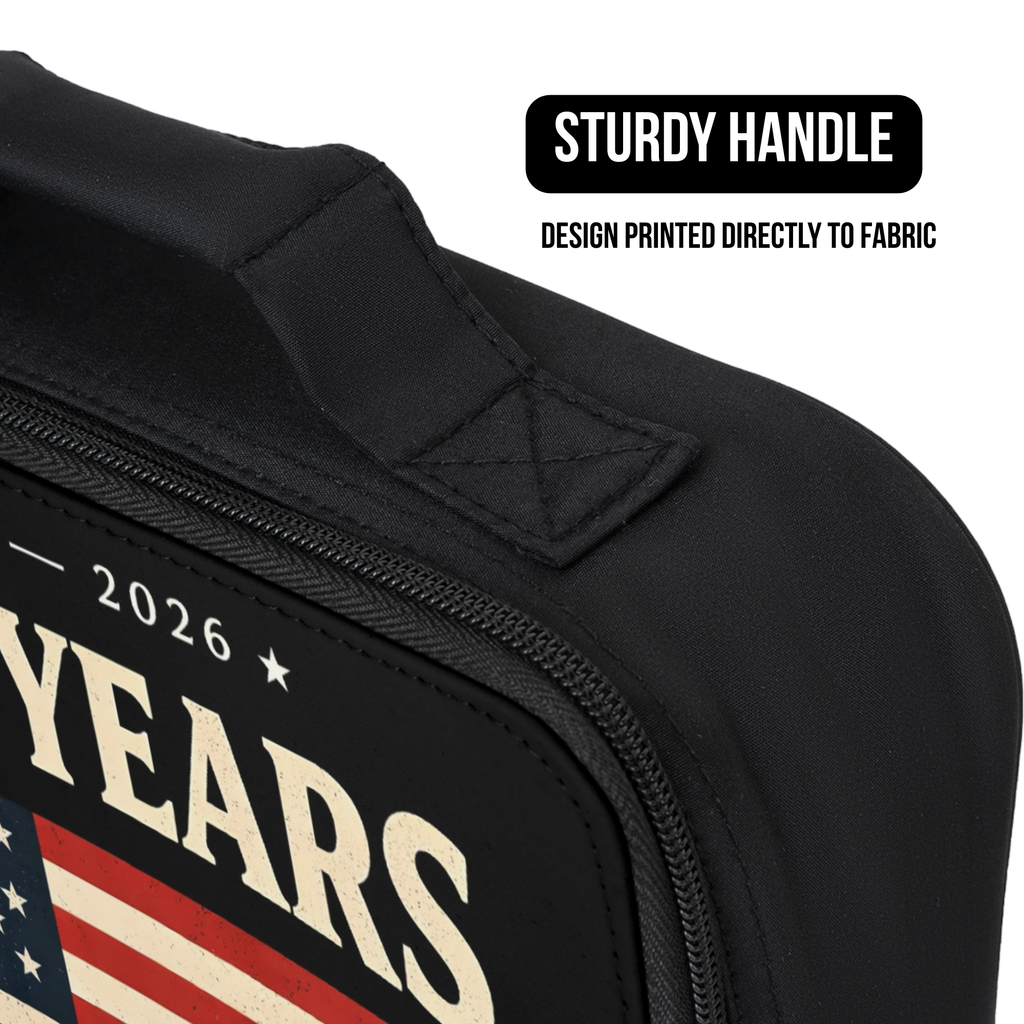 Black lunch bag with design of an  American flag, featuring a sturdy handle.