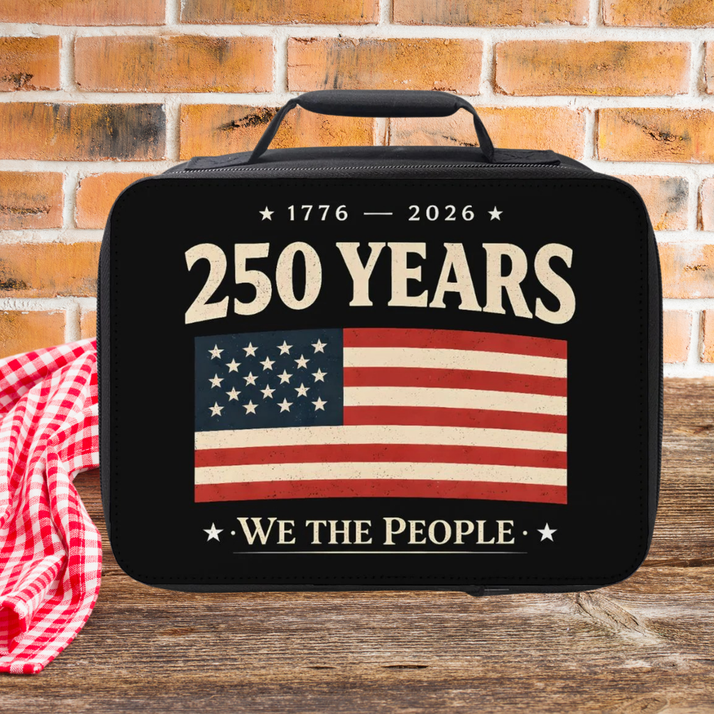 Black lunch bag with '250 Years 1776-2026 We the People' text and American flag design on a wooden surface with a brick wall background.