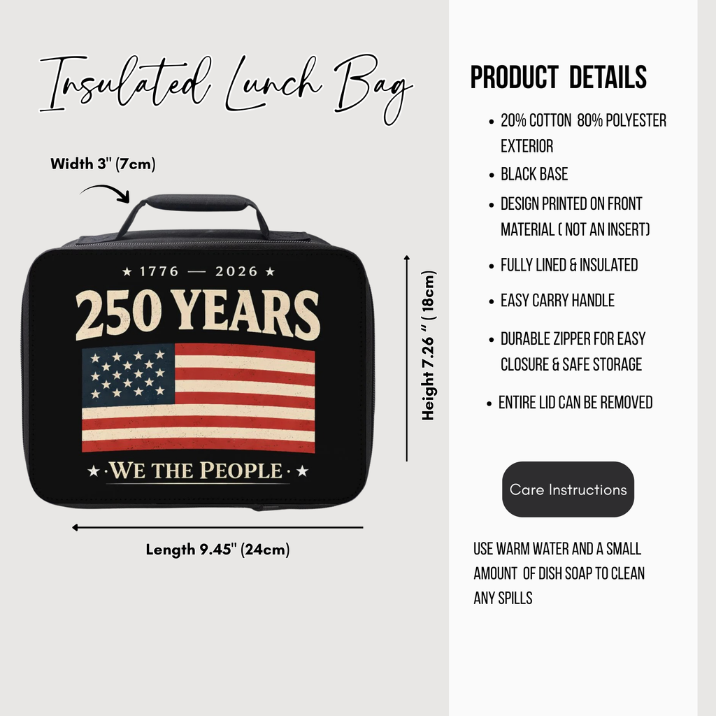 Insulated lunch bag with American flag design and product details on a white background