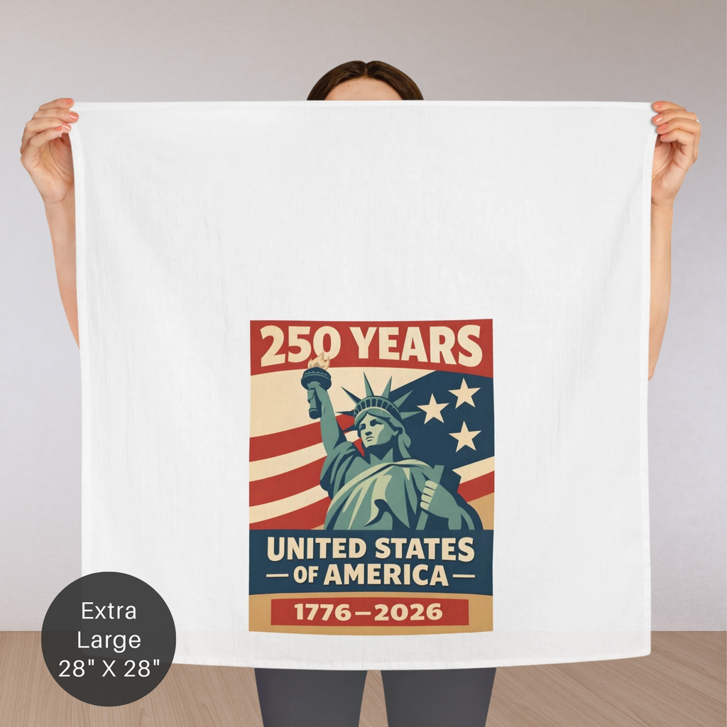 Person holding a large poster celebrating 250 years of the United States with the Statue of Liberty.