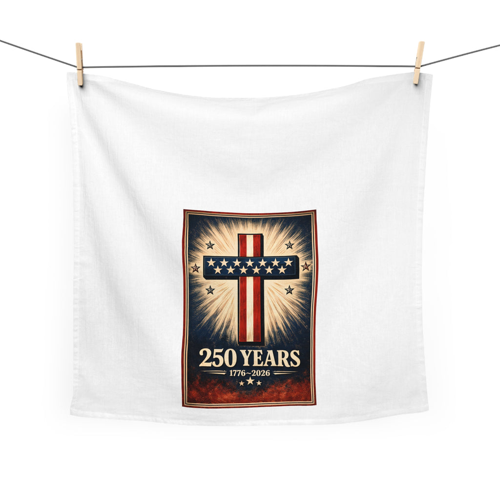 White towel with a graphic of a cross and '250 Years 1776-2026' text on a clothesline.