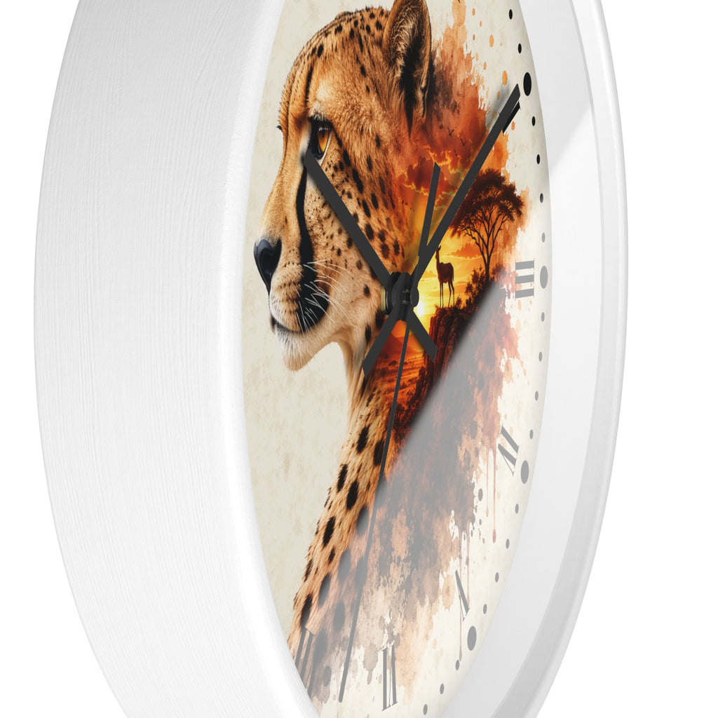 A round wall clock with a white frame and a printed design of a cheetah profile blending into an orange sunset scene, shown against a plain white background.