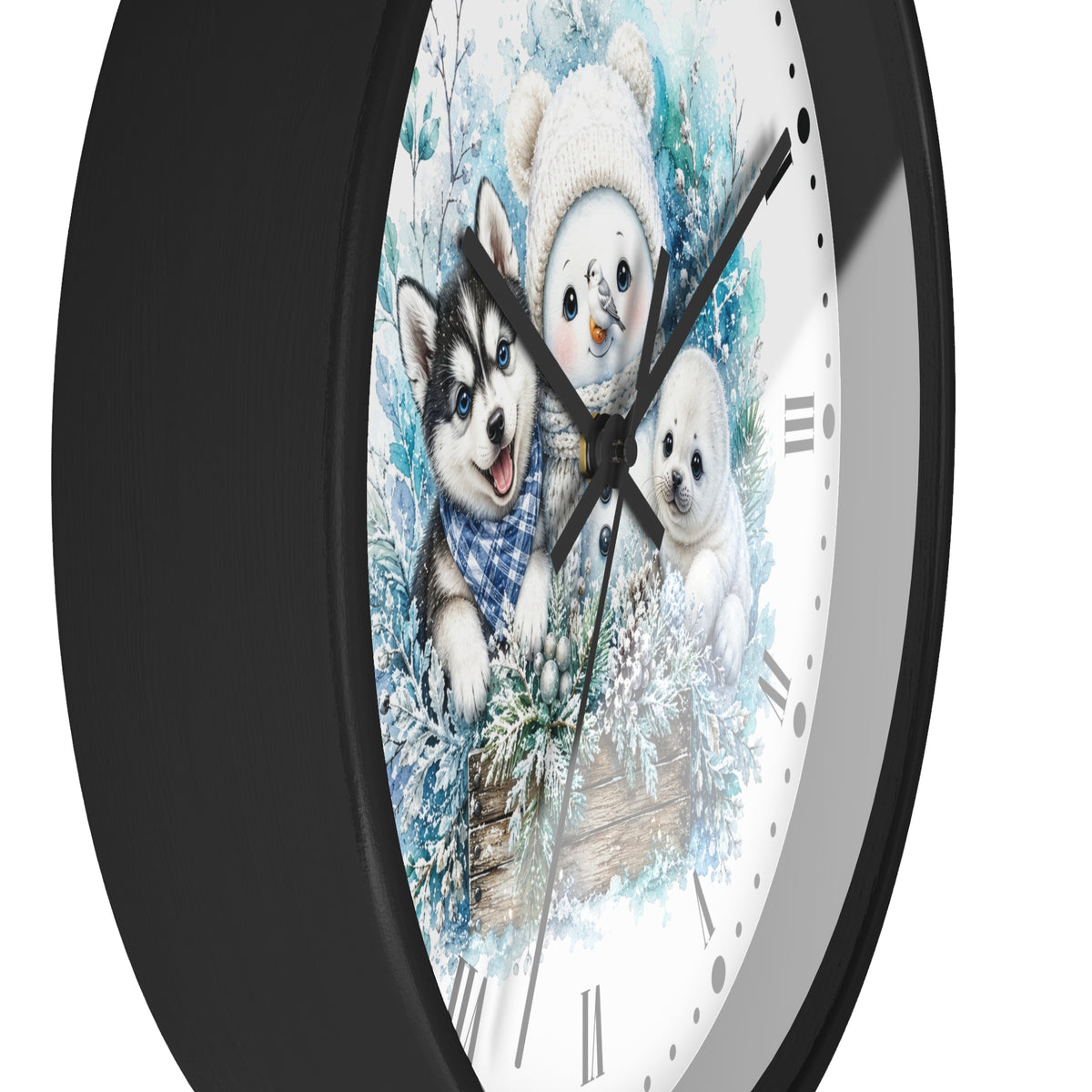 Winter Friends Wall Clock — Snowman, Husky & Seal Holiday Decor