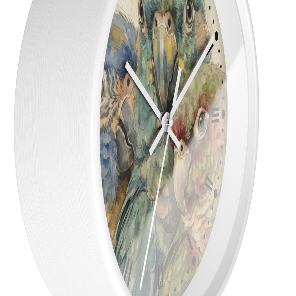 A round white wall clock with a detailed bird illustration on the face, featuring white clock hands and black Roman numerals, shown against a plain white background.